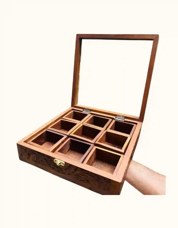 Handcrafted Wooden Spice Box with Glass Lid | 9-Compartment Premium Masala Box