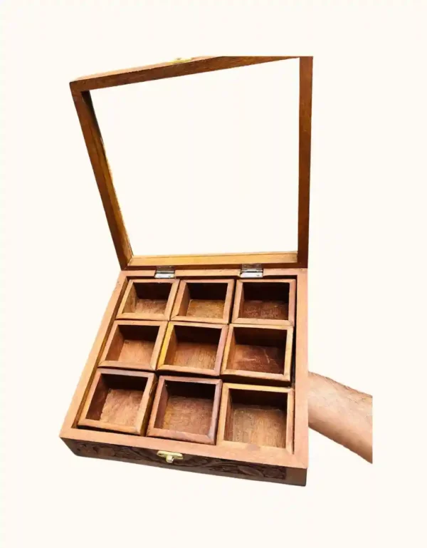 Handcrafted Wooden Spice Box with Glass Lid | 9-Compartment Premium Masala Box