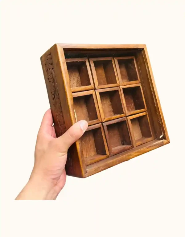 Handcrafted Wooden Spice Box with Glass Lid | 9-Compartment Premium Masala Box